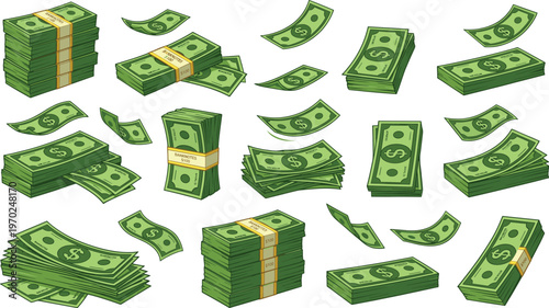 Collection of dollar bill stacks and falling money banknotes, cad drawing flat vector illustration