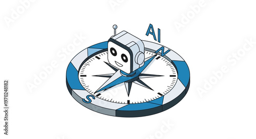 AI Guidance and Navigation Concept: Isometric Robot Head on a Compass for Artificial Intelligence Direction and Future Technology