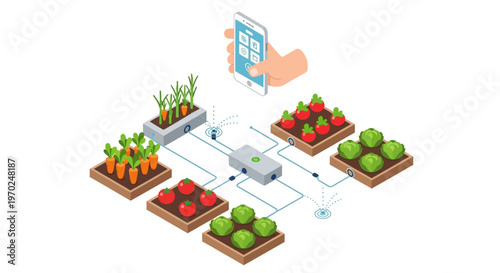 Smart Garden System with Automated Irrigation and Smartphone App Control, Isometric Illustration of IoT Technology for Urban Farming and Sustainable Agriculture