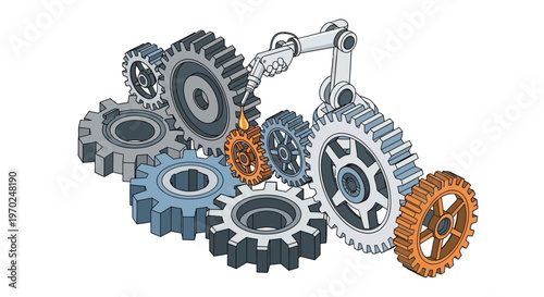 Industrial Automation and Maintenance Concept: Robotic Arm Lubricating Interlocking Gears and Cogs