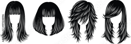 Collection of Four Women Hairstyle Silhouettes Featuring Long Hair with Bangs Shag Cut and Bob Styles Vector Illustration Isolated on White Background