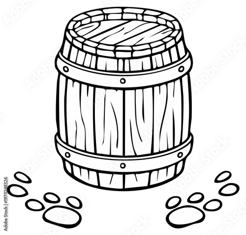 Cartoon wooden barrel with paw prints