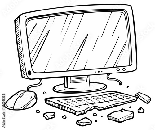 Cartoon style PC computer workstation featuring broken keyboard, mouse and monitor screen on white surface