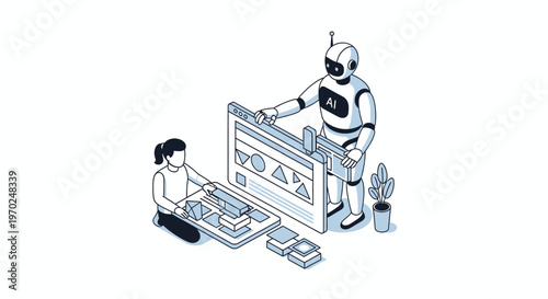 Human and AI Robot Collaborating on Web UI UX Design Interface, Isometric Illustration of Artificial Intelligence and Human Developer Working Together on Software Development