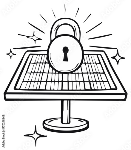 Renewable Energy Safety: Padlock Securing Solar Panel Cartoon Vector Illustration