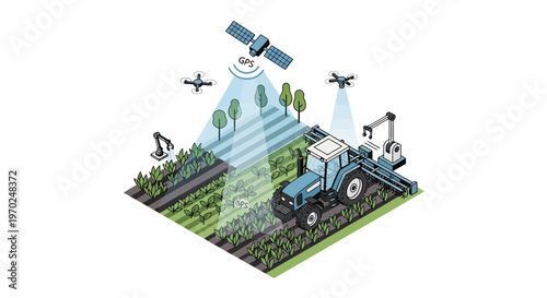 Isometric Smart Farming and Precision Agriculture Illustration featuring GPS Satellite, Drones, Autonomous Tractor, and Robotic Arms for Automated Sustainable Crop Management