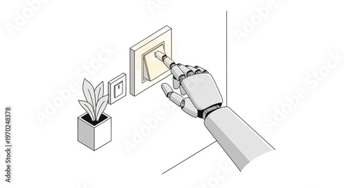 Robotic hand turning on a light switch, isometric line art illustration of smart home automation and artificial intelligence technology concept.