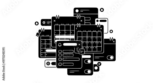 Multi Layer Modern Calendar Interface with Highlighted Event Blocks Black Silhouette UI Vector Illustration