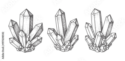 Three clusters of hand drawn quartz crystals in style mineral rock