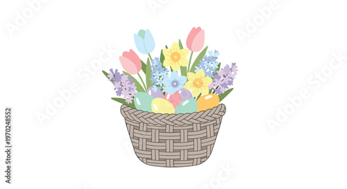 A beautiful woven basket is filled to the brim with pastel-colored Easter eggs and a vibrant bouquet of spring flowers like tulips and daffodils.