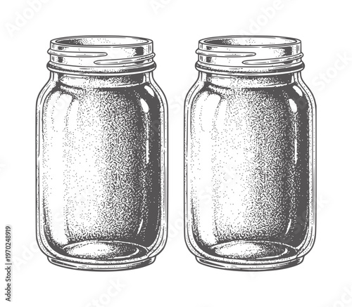Two empty glass mason jars with threaded necks and stippled shading container