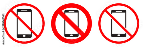 No mobile phone sign, prohibited smartphone symbol, restriction ban sign showing phone usage not allowed, clear warning icon set for safety, public rules, workplace policy and restricted area signage.