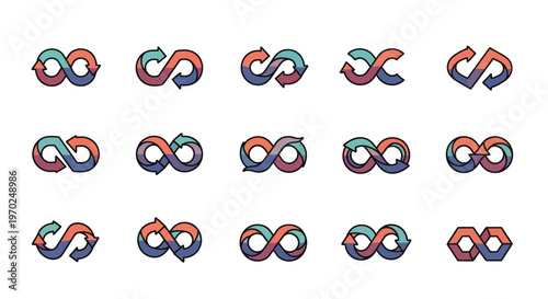 Collection of Infinity Loop Icons with Arrows Representing Continuous Development and Workflow