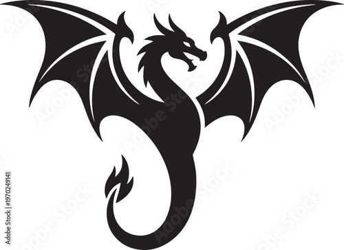 Mythical Silhouette Dragon with Spread Wings and Curled Tail Vector Graphic
