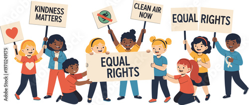 Diverse children holding protest signs for equal rights kindness and clean air social awareness activism vector illustration inclusive kids group cartoon style