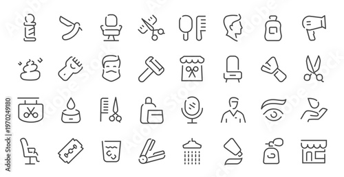 Barbershop icons set line style. Barber tools, haircut, beard, shaving vector collection symbols