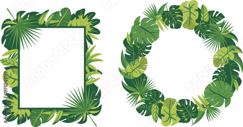 Cartoon tropical leaf frames in colorful vector illustration of rectangle, circle, wreath, and decorative design
