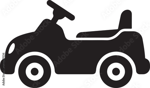 Black silhouette of a child's ride-on toy car with steering wheel and seat.
