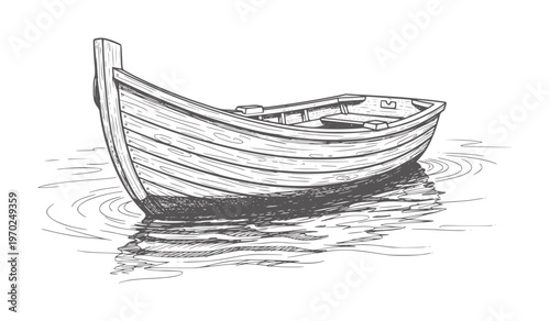 Wooden rowboat floating rippling water in a style ripples