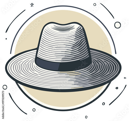 Illustration of a stylish fedora hat within a circular decorative frame