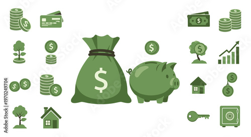 A diverse collection of green financial and growth icons, including a money bag, piggy bank, and graphs, is displayed on a white background.