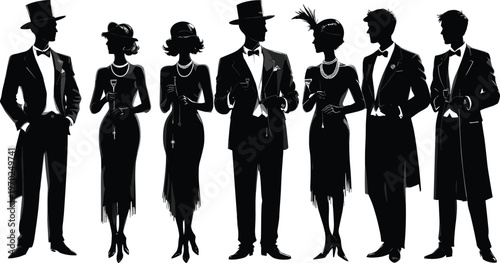 Roaring Twenties silhouettes, vintage fashion elegance, flapper dress style, tuxedo gentlemen, cocktail party celebration, art deco glamour, champagne social gathering