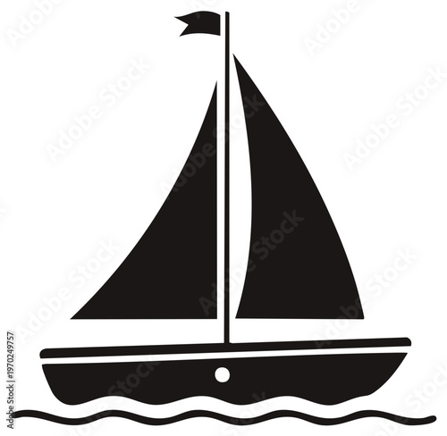 Black Silhouette of a Sailing Boat with Two Sails and a Flag Traveling on Water Waves Depicted in Vector Format