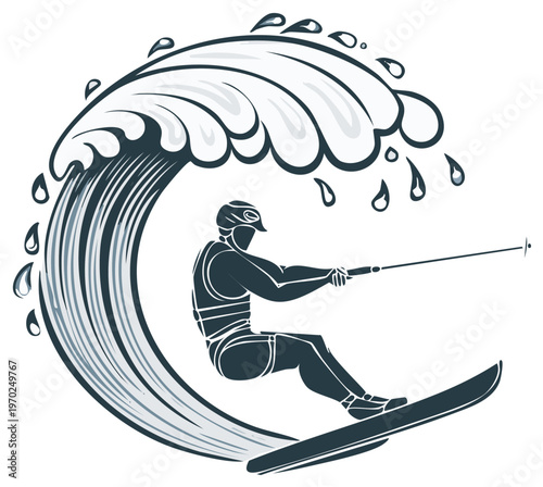 Silhouette wakeboarder riding a wave with dynamic water splashes and spray