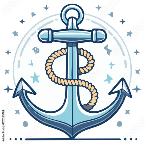 Detailed anchor illustration with a coiled rope set against a dotted circle and star background