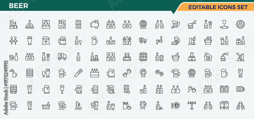 Beer linear icon set. Contains outline symbols like bar, drink, beverage, brew, alcohol, pub. Brewery icon pack. Isolated icons. Editable stroke. Vector collection.