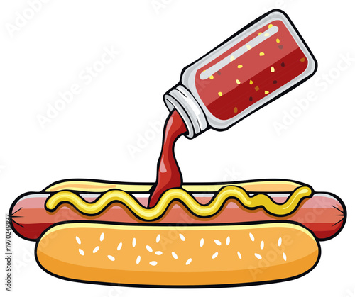 Classic hot dog with mustard and ketchup pouring from bottle tasty American fast food illustration