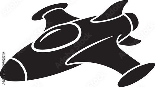 Stylized black silhouette of a futuristic spaceship or rocket, representing space travel and exploration.