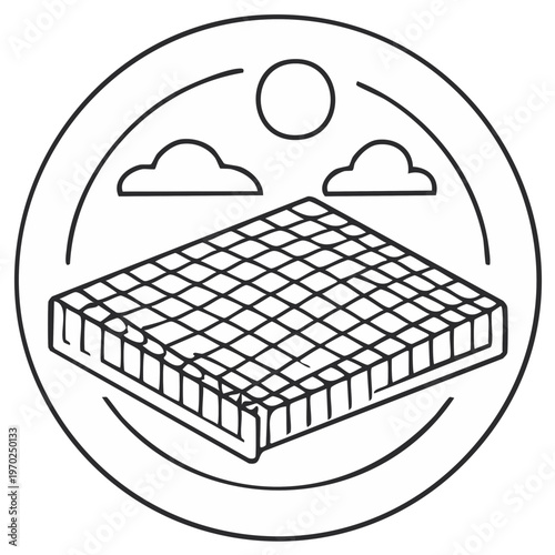 Abstract Mattress Icon with Sun and Clouds in Circle Design