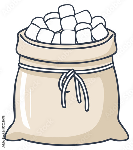 Cartoon illustration of a beige sack filled to the brim with many white marshmallows