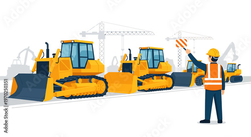 Construction site with bulldozers and worker directing traffic.