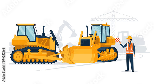 Construction worker directing heavy yellow bulldozers at a site.