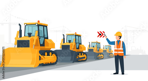 Construction worker directing heavy machinery on a site.
