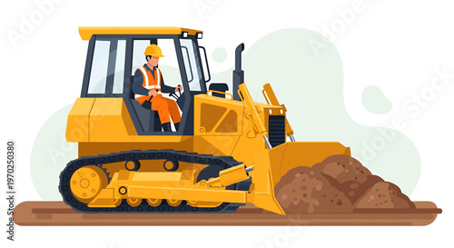 Construction worker operating a yellow bulldozer on a dirt pile.