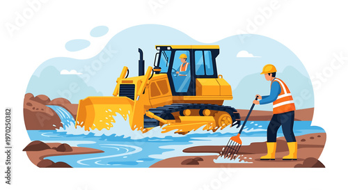 Construction worker operating bulldozer in water during site preparation.