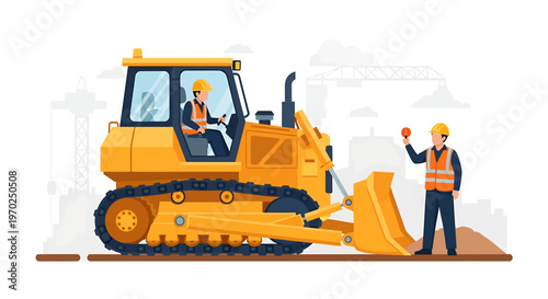 Construction workers operating a yellow bulldozer on a site.