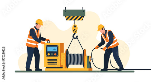 Construction workers operating heavy machinery and crane equipment.