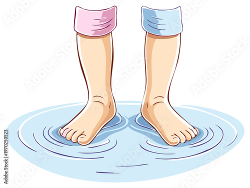 Child's bare feet with pink and blue leg warmers stand in rippling blue water