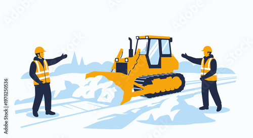 Construction workers operating bulldozer clearing snow from road.