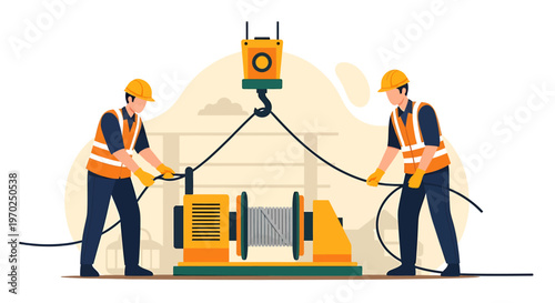 Construction workers operating heavy machinery with crane.