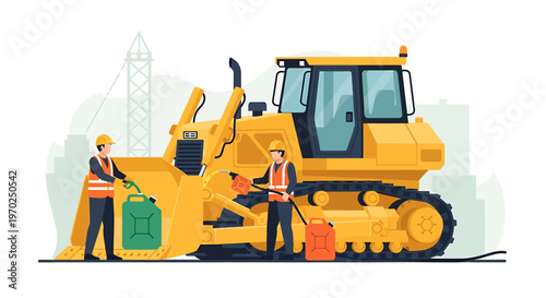 Construction workers refueling a yellow bulldozer on a white background.