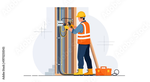 Electrician working on electrical panel with tools and safety gear.