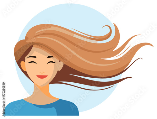 Joyful woman with long flowing hair smiling blissfully in gentle breeze