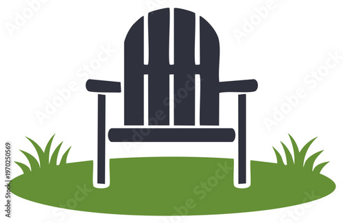 Stylized Adirondack chair illustration on a green grass patch for outdoor relaxation and leisure