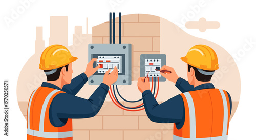 Electricians Installing Electrical Panel Boxes Indoors.