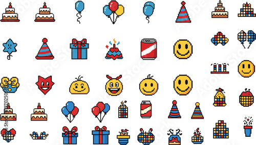 Pixel Art Party Icons Set Featuring Cakes, Balloons, Gifts, Hats, and Smiley Faces for Celebrations, Events, and Digital Designs